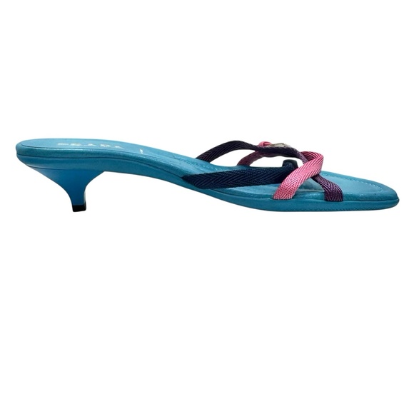 PRADA Y2K TURQUOISE BLUE KITTEN HEEL SLIDES W NAVY, PINK & PURPLE STRAPS - Picture 8 of 16